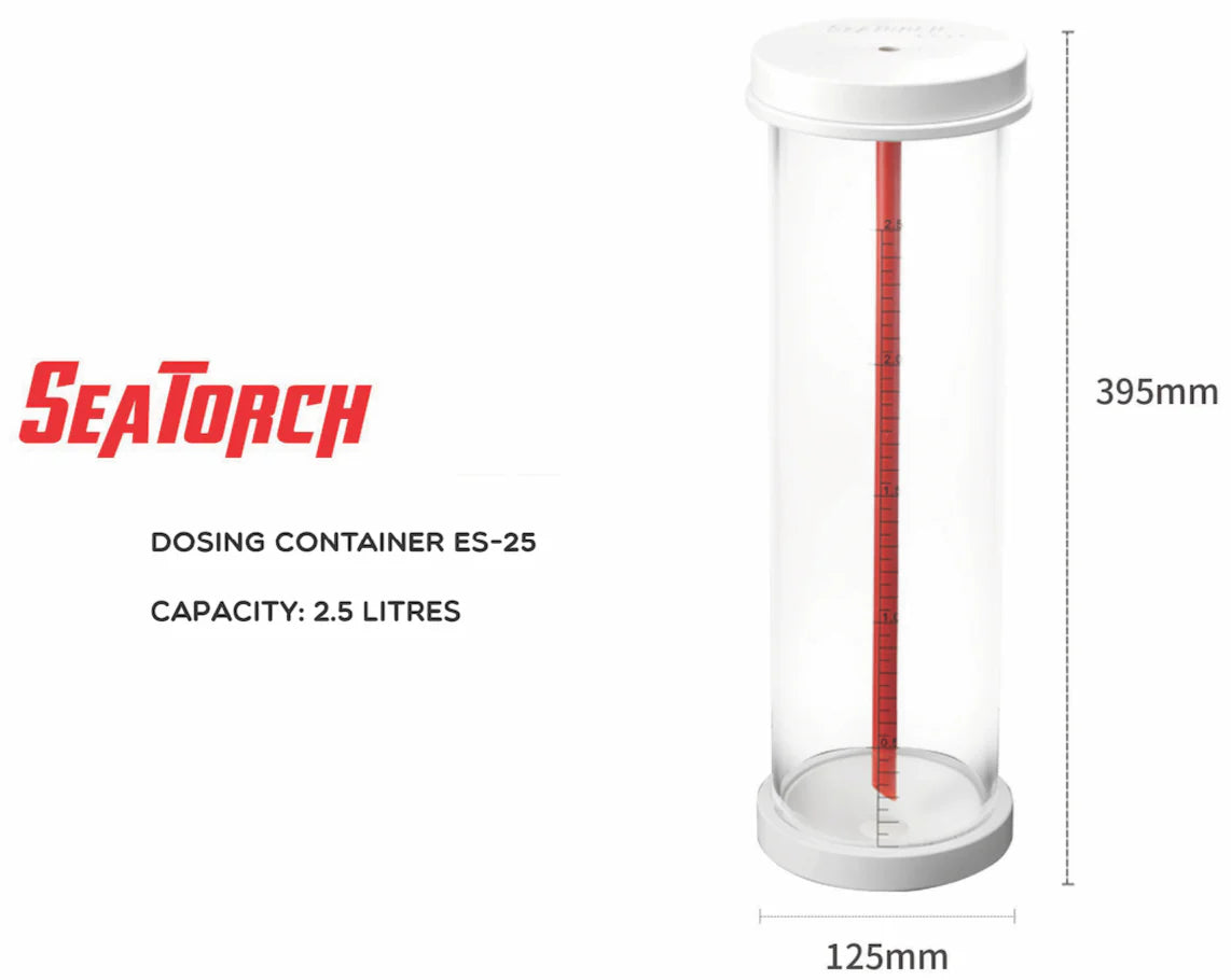 PVC dosing container for reef aquarium dosing system
aquarium dosing reservoir for calcium and alkalinity
Seatorch dosing container for marine aquarium
reef tank dosing solution storage container
automated dosing pump reservoir for saltwater aquarium
clear graduated aquarium dosing container PVC design
reef aquarium supplement dosing container
dosing reservoir with sediment reducing suction line
marine aquarium dosing storage cylinder
reef tank dosing container with measurement markings