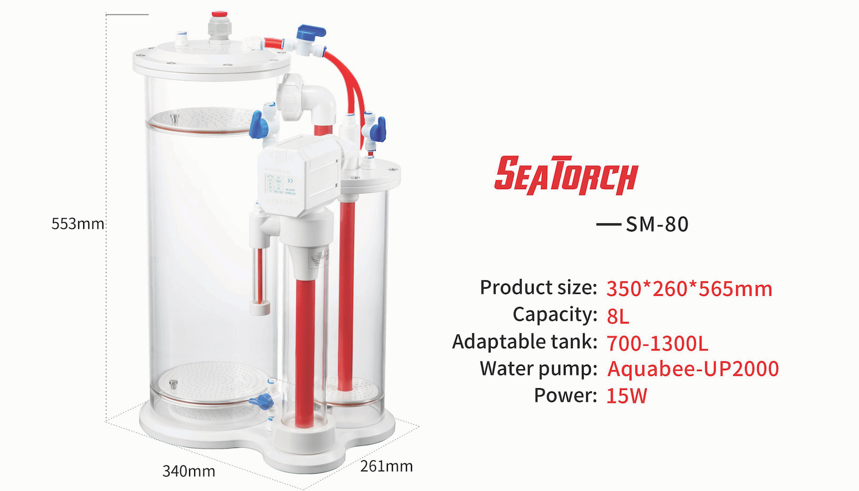 A Seatorch calcium reactor model SM-80 for aquariums, showing dimensions and components including a water pump and power supply.